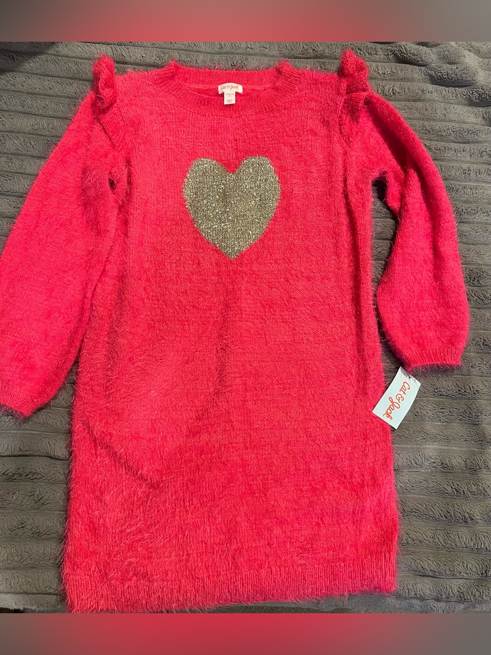 CAT & JACK GIRL SWEATER DRESS PINK SILVER HEART LONG SLEEVES SIZE LARGE (10-12